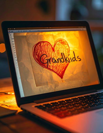 A warm, glowing laptop screen displays a heartfelt, hand-drawn message of love for the grandkids.の素材