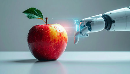 A futuristic robotic arm extends its fingers, emitting a soft blue light to scan and analyze the nutritional data of a perfect, fresh red apple.の素材