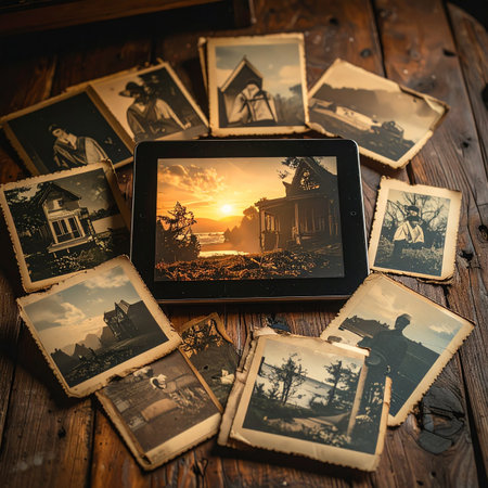 A collection of faded, sepia-toned photographs from a bygone era is scattered across a rustic wooden table.の素材