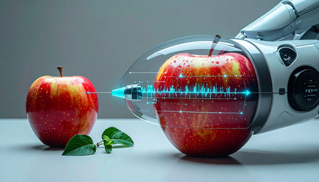 In a glimpse of the future, a high-tech robotic arm meticulously scans a fresh red apple with a blue laser, analyzing its data for optimal quality and safety.の素材
