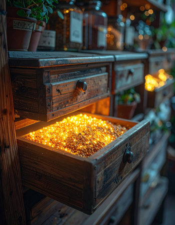 In a dusty, forgotten corner, an old wooden drawer slides open to reveal not forgotten trinkets, but a hoard of pure, warm light.の素材