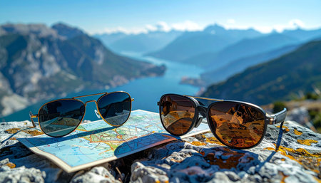 Two pairs of sunglasses rest on a travel map, symbolizing a shared journey.の素材