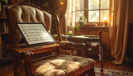 In a quiet, sun-drenched study, an oboe rests beside a vintage armchair. The sheet music waits on its stand, capturing a peaceful interlude in a musician's practice.の素材