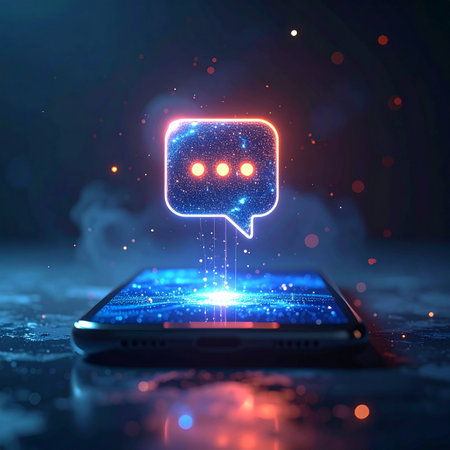 A glowing hologram of a chat icon emerges from a smartphone, symbolizing the future of AI-powered communication and instant digital connection.の素材