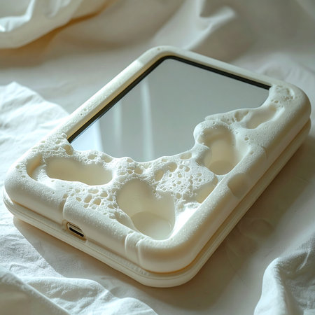 A fusion of modern technology and organic art, this unique smartphone case features a sculpted, textured frame around a functional mirror.の素材