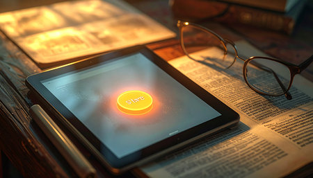 In a quiet study filled with the wisdom of old books and maps, a modern tablet glows with a new discovery.の素材