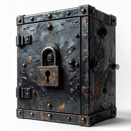 An ancient iron strongbox, heavily riveted and weathered by time, stands isolated against a white background.の素材