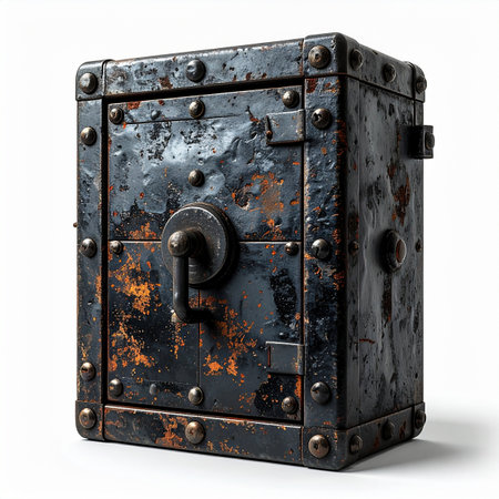 An ancient, heavily-riveted metal safe, weathered by time and showing patches of rust, stands isolated.の素材
