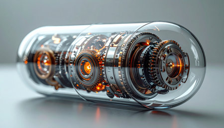A glimpse into the future of medicine, where a sophisticated nanobot, encased in a transparent pill, prepares for its mission.の素材