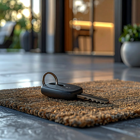 A single car key rests on a welcome mat, dropped at the entrance of a modern home.の素材