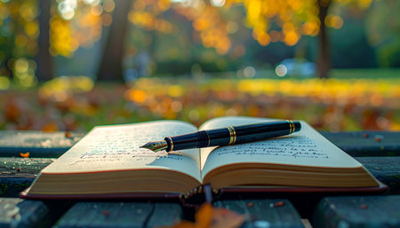 An open journal and a classic fountain pen rest on a park bench, inviting a moment of quiet reflection and creativity.の素材