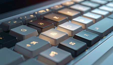 A close-up, macro view of a modern laptop keyboard with illuminated keys glowing in a dimly lit room.の素材