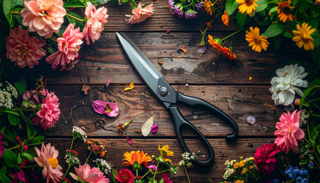 A pair of well-used florist shears rests on a rustic wooden workbench, surrounded by a vibrant collection of freshly cut blooms and scattered petals, capturing a moment of creative preparation.の素材