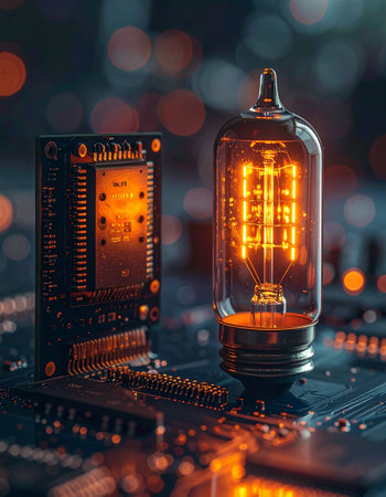 A glowing vintage vacuum tube, the warm heart of analog technology, stands beside a complex modern circuit board.の素材