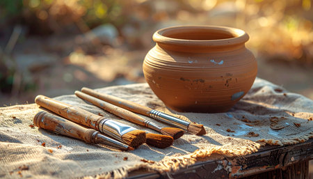 An artisan's tools rest in the warm, golden glow of the setting sun.の素材