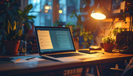 In the quiet of the evening, a cozy home office comes to life under the warm glow of a desk lamp.の素材