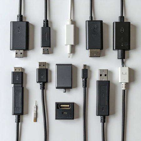 A neatly organized flat lay of various digital cables and adapters on a clean white background.の素材
