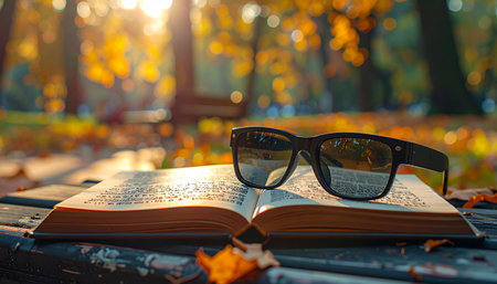 An open book and sunglasses rest on a rustic park bench, capturing a quiet moment of leisure.の素材