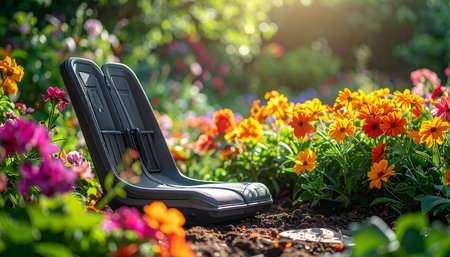 An ergonomic gardening kneeler sits ready for use in a beautifully blooming flower bed, bathed in warm morning sunlight.の素材