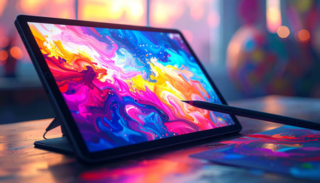 A digital tablet glows with a stunningly vibrant and fluid abstract artwork in a modern creative workspace.の素材