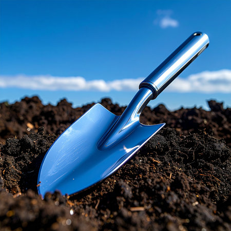 A bright blue garden trowel stands ready in rich, dark soil, poised for the start of a new planting season.の素材