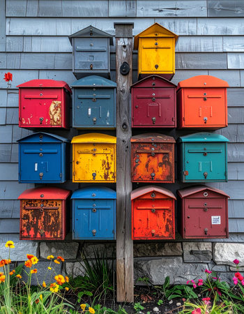 A vibrant collection of colorful, weathered mailboxes stands together, each one a unique portal for stories, news, and connections within a close-knit community.の素材