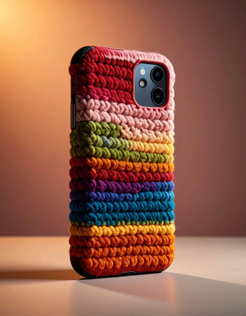 A unique, handmade crochet phone case in a vibrant rainbow of colors stands on a table.の素材