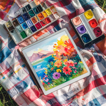 Embracing a sunny day, an artist blends traditional watercolor techniques with modern technology.の素材