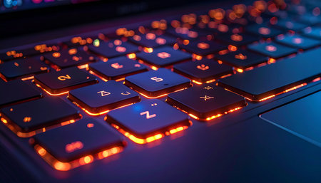 In the deep blue and purple glow of a late-night session, an orange-backlit keyboard stands ready for action.の素材