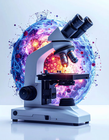 In a pristine laboratory, a powerful microscope stands ready, revealing the vibrant and complex inner world of a biological cell.の素材