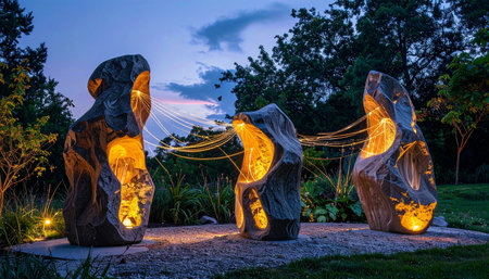 At twilight, three ancient monoliths awaken, their inner light glowing with warmth.の素材