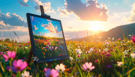 An artist's easel stands in a vibrant meadow of wildflowers, bathed in the warm glow of a golden hour sunset.の素材