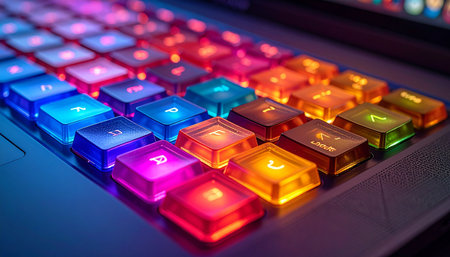 In a darkened room, a high-performance mechanical keyboard glows with a vibrant spectrum of RGB light.の素材