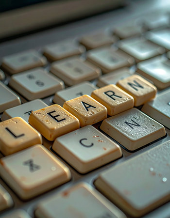 Worn and weathered keyboard keys are rearranged to spell the word 'learn', symbolizing the continuous journey of acquiring new skills and knowledge in the digital era.の素材