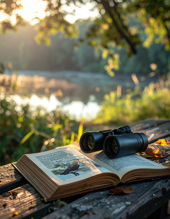 A pair of binoculars rests on an open field guide on a rustic wooden bench, overlooking a serene lake at sunrise.の素材