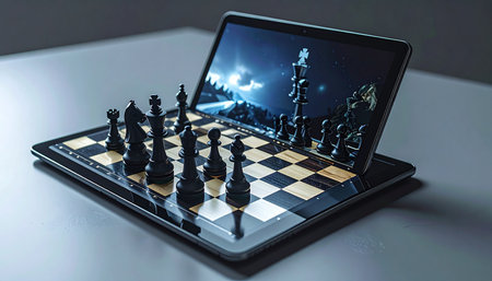 A chessboard materializes from a digital tablet screen, where physical pieces stand ready for a futuristic battle.の素材