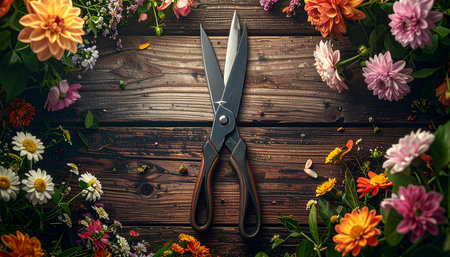 A pair of vintage florist shears rests on a rustic wooden table, awaiting the creative touch of an artisan.の素材