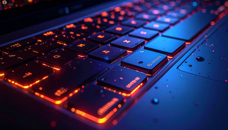 Under the intense neon glow of a cyberpunk keyboard, a digital world comes to life.の素材