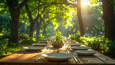 A beautifully set wooden table awaits guests in a serene, sun-dappled garden.の素材