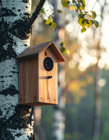 A handcrafted wooden birdhouse offers a safe and cozy shelter, nestled against the distinctive bark of a birch tree.の素材