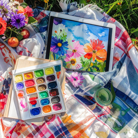 A perfect summer day unfolds on a checkered blanket, where creativity blossoms alongside fresh flowers.の素材