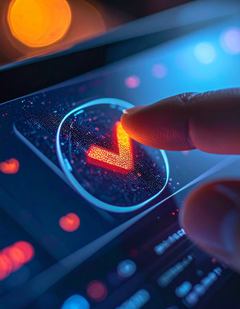 A user's finger presses a glowing checkmark on a futuristic touchscreen, symbolizing the final step of a successful digital transaction.の素材