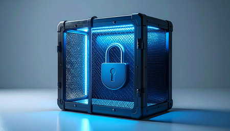 A glowing blue padlock icon is encased within a futuristic, high-tech vault, symbolizing the cutting edge of digital security.の素材