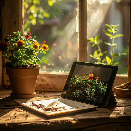 A tablet rests on a rustic wooden desk, its screen mirroring the vibrant potted flowers beside it.の素材