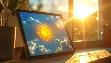 A digital tablet on a windowsill displays a bright and sunny weather forecast, bathed in the warm, golden light of a beautiful sunrise.の素材