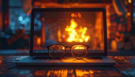 A pair of glasses rests on a laptop, its screen glowing with the warm, crackling flames of a virtual fireplace.の素材