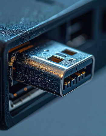 A macro shot captures the moment of connection as a USB plug is inserted into a port, symbolizing the seamless flow of data and power in our modern digital world.の素材