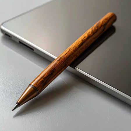 A beautifully crafted wooden mechanical pencil rests on a sleek, modern tablet, symbolizing the perfect fusion of classic artistry and contemporary digital innovation.の素材