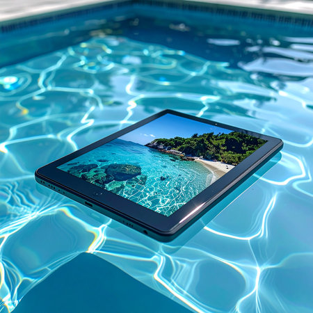 A tablet displaying a dream tropical destination floats effortlessly on the sparkling blue water of a swimming pool.の素材