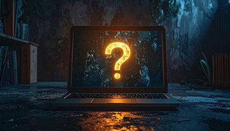 In a dark, rain-slicked alley, an abandoned laptop glows with a single, burning question mark.の素材